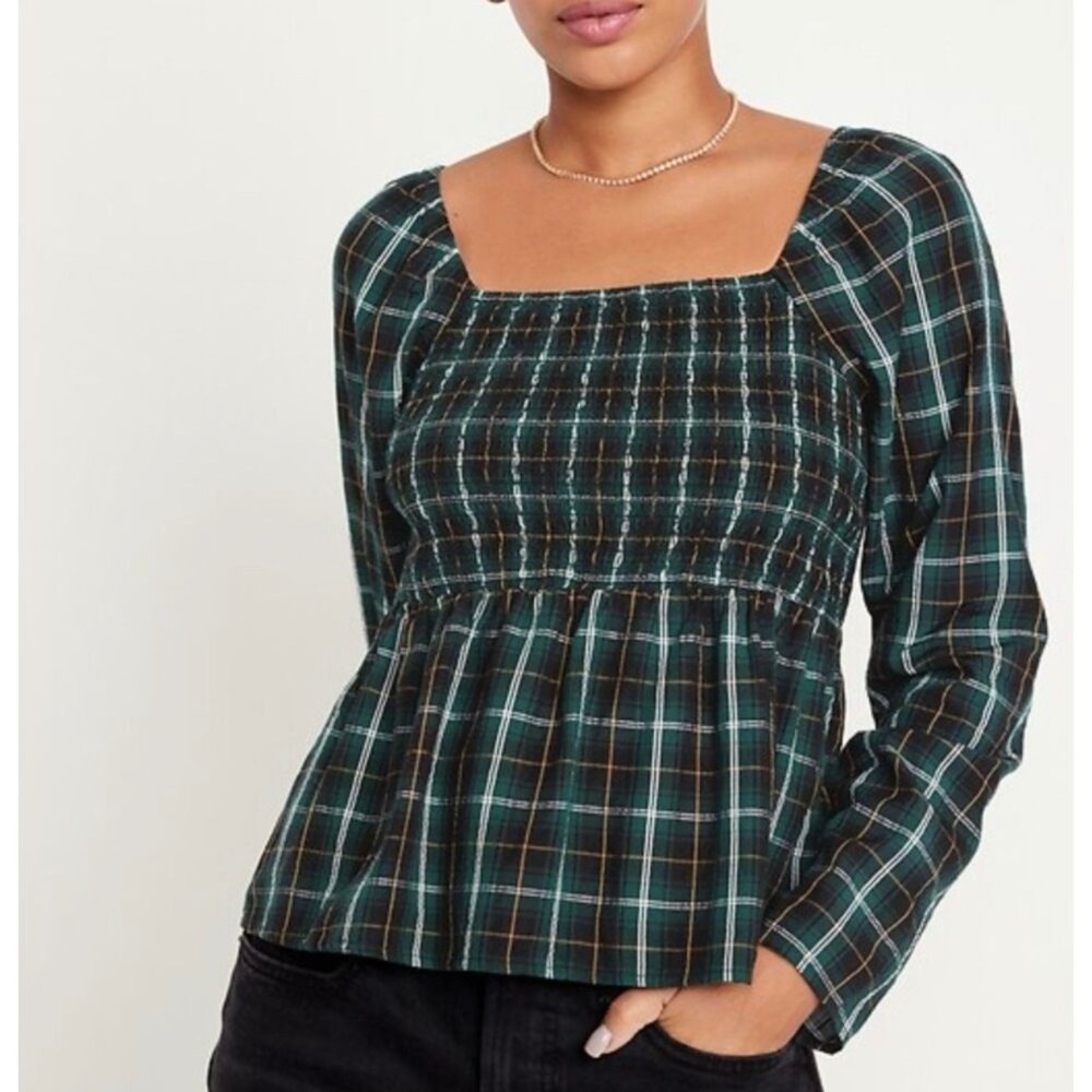 Old Navy Smocked Seersucker Top Size 2X Plaid Peplum Preppy Academia Holiday‎